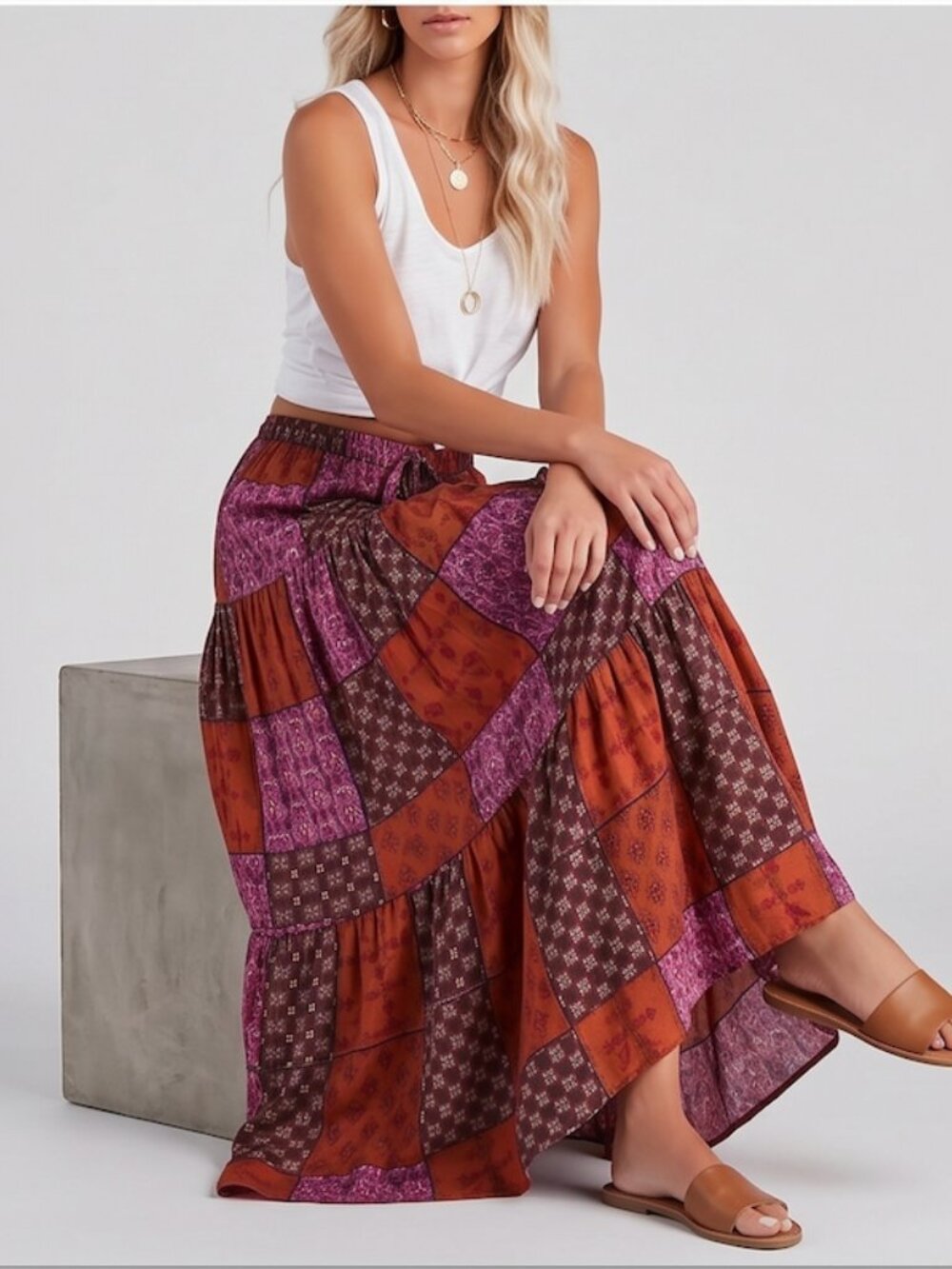 Boho Patchwork Print Maxi Skirt Red - Picture 4 of 11